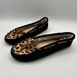 Minnetonka Slippers 7 Animal Print Calf Hair Moccasin Faux Fur Suede